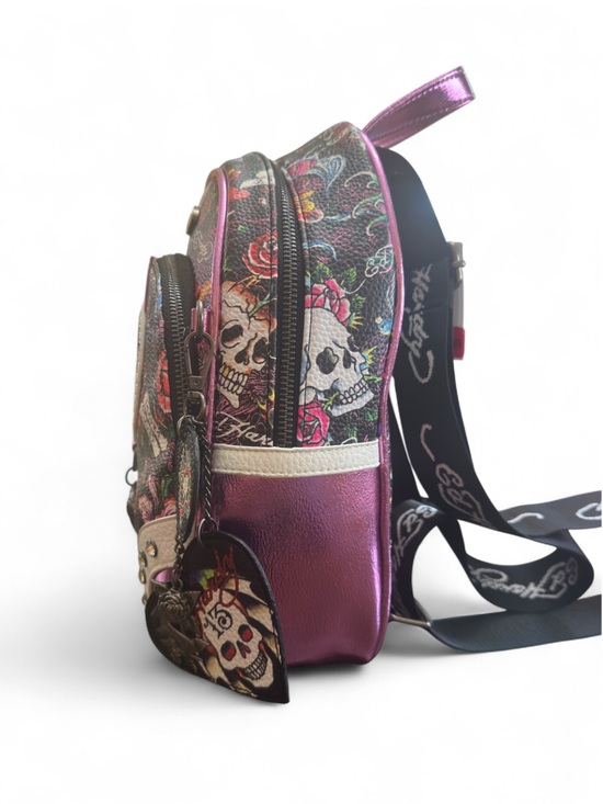 Y2K Ed Hardy Metallic Pink Floral Skull Zipper Backpack